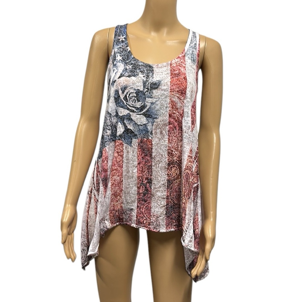 Urban X American Flag Sleeveless High Low Tunic Tank Top Cotton Blend Womens S